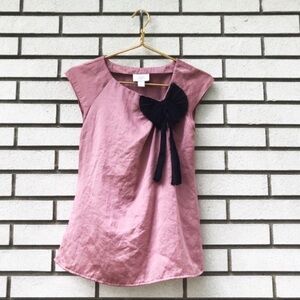 LOFT Petites Dusty Rose Blouse SP Black Pleated Bow Feminine Sheen Work Top